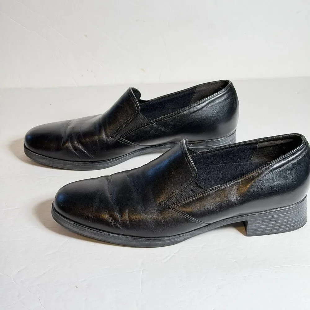 Munro American Black Leather Slip On Comfort Heels Shoes Womens 8N Narrow USA